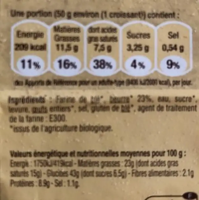 Croissants bio nutrition facts table