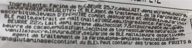 Croissant et pain chocolat ingredients label