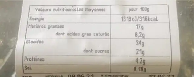 Tarte poire amandes nutrition facts table