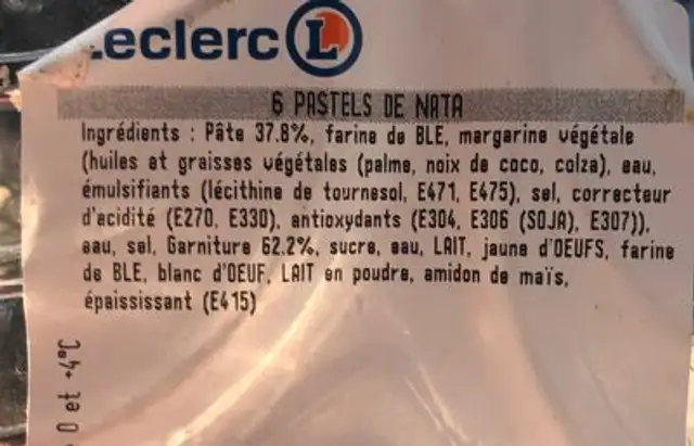 Pastels de nata ingredients label