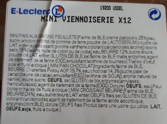Mini viennoiserie ingredients label