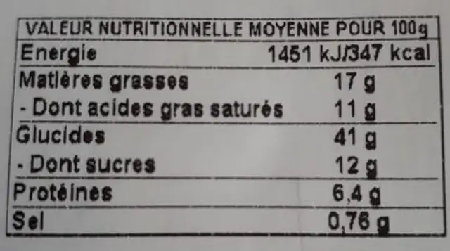 Mini viennoiserie nutrition facts table