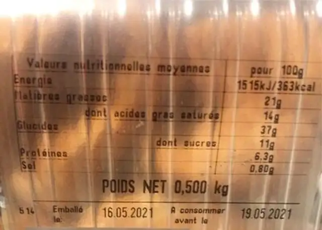 Pain au chicolat pur beurre x8 nutrition facts table