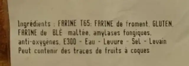 Pain au levain ingredients label