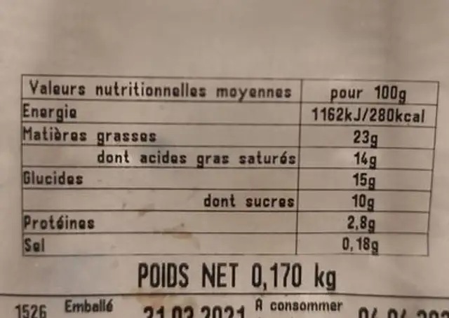 Choux chantilly fraise nutrition facts table