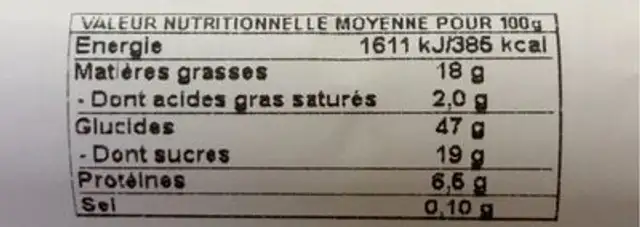 Beignets chocolat noisette nutrition facts table