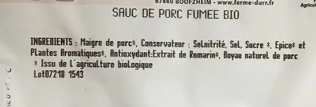 Sauc de porc fumee bio ingredients label