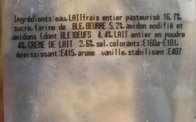 Bande flan ingredients label