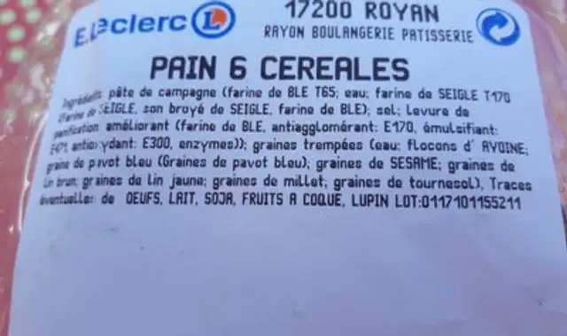 Pains 6 céréales ingredients label