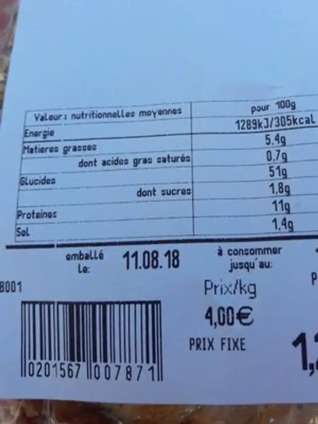 Pains 6 céréales nutrition facts table