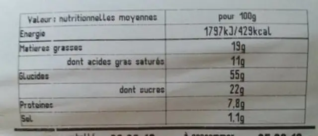 Torsades chocolat nutrition facts table