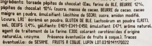 Torsades chocolat ingredients label