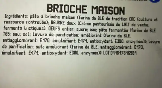 Brioche Maison ingredients label