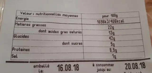Brioche maison nutrition facts table
