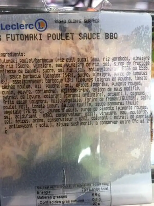 Futomaki ingredients label
