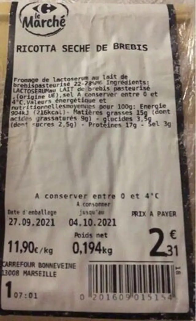 Ricotta seche de brebis nutrition facts table