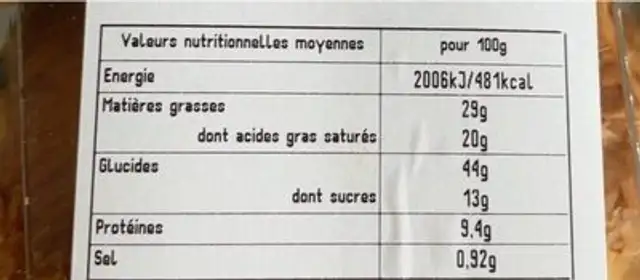 Pain au chocolat nutrition facts table