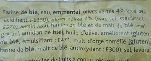 Fougasse aux olives ingredients label