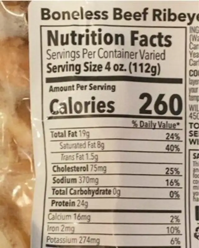 Boneless Beef Ribeye Steak nutrition facts table