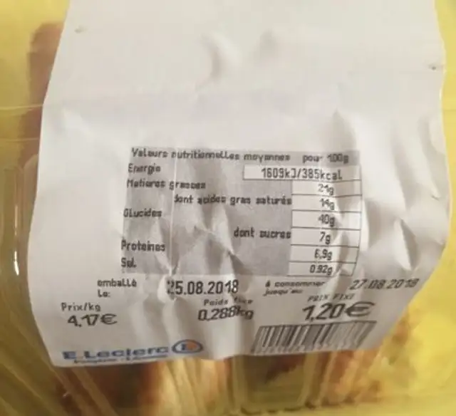 Croissant ingredients label