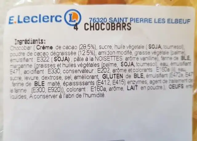 Chocobars ingredients label