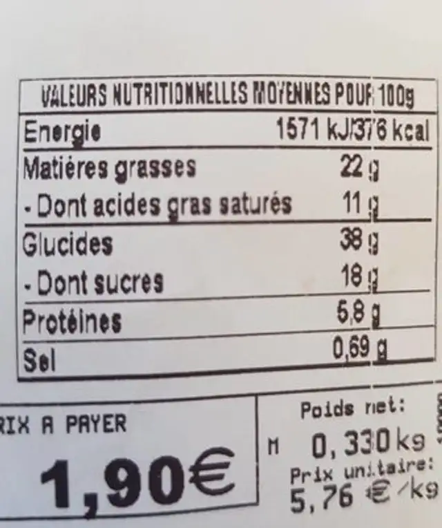 Chocobars nutrition facts table