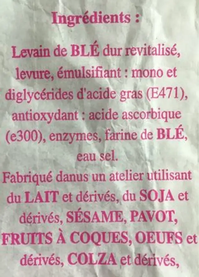 Baguette du Chateau ingredients label