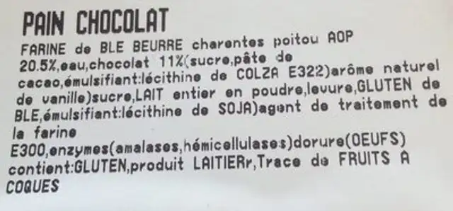 Pain Chocolat ingredients label