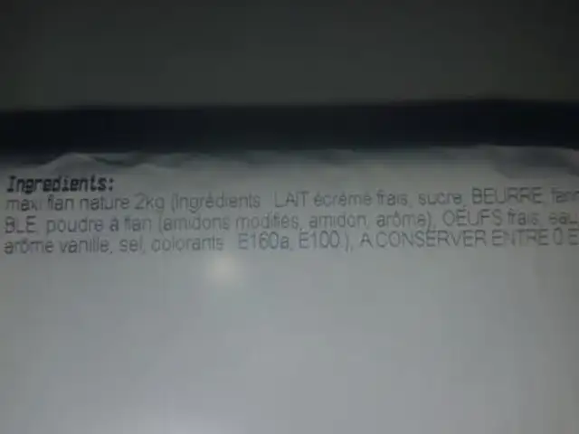 Flan ingredients label