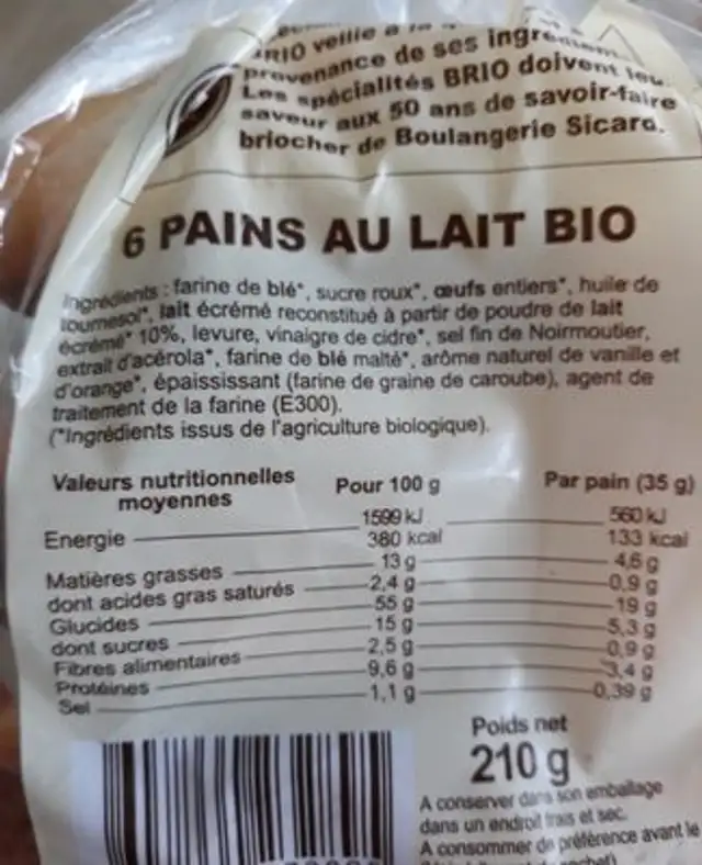 Pain au lait Bio ingredients label