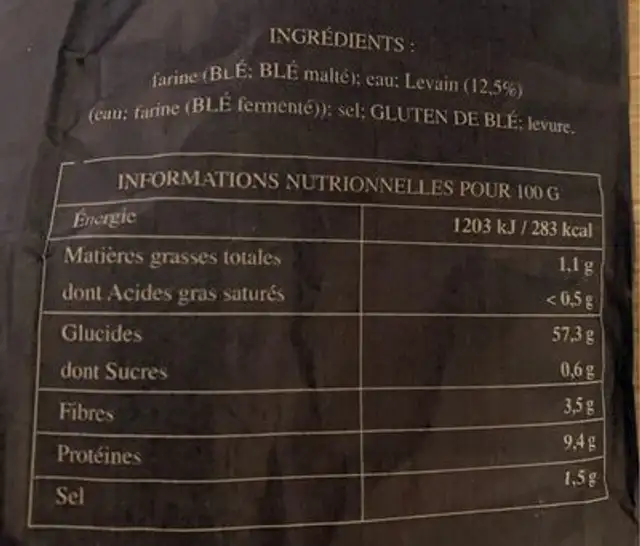 Baguette Celestine nutrition facts table