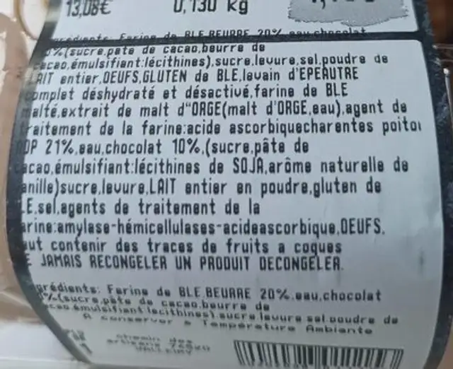 Pain au chocolat nutrition facts table