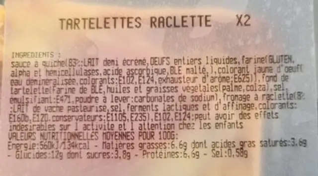 Tartelettes raclette nutrition facts table
