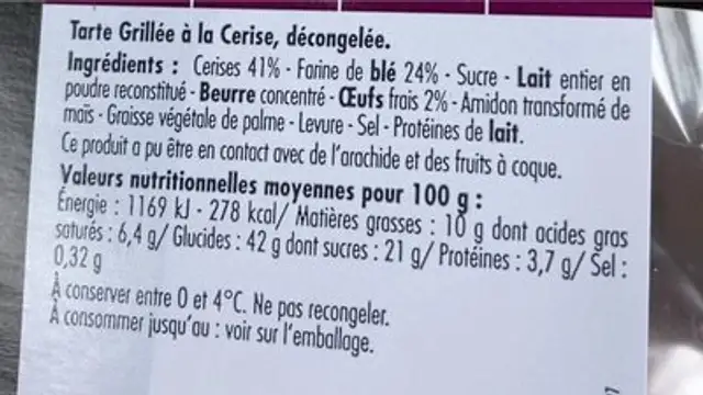 Tarte grillee à la cerise nutrition facts table