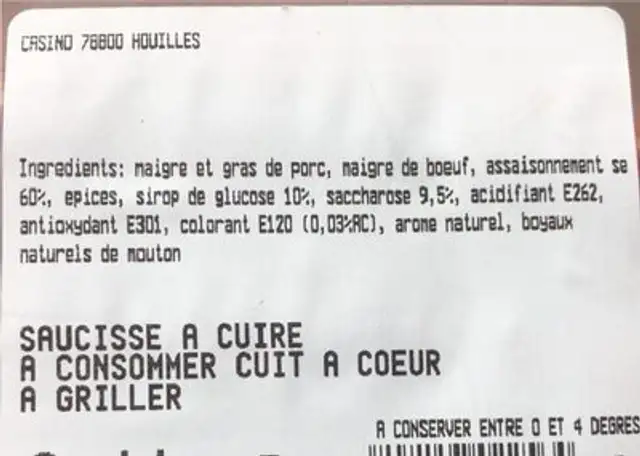 Saucisse a cuire nutrition facts table
