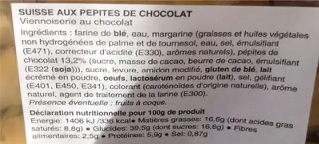 Suisse chocolat X2 nutrition facts table
