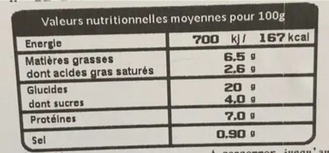 Galette cht’i nutrition facts table