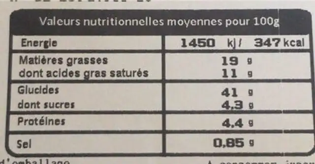 Galette Savoyarde nutrition facts table