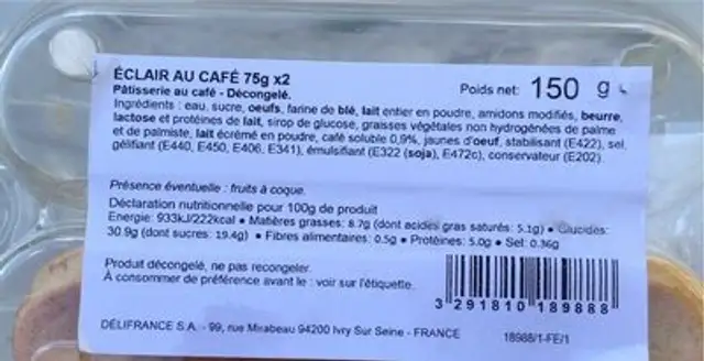 Eclaire café nutrition facts table