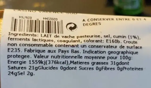 Gouda Holland IGP Cumin nutrition facts table