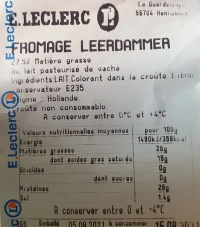 Fromage Leerdammer nutrition facts table