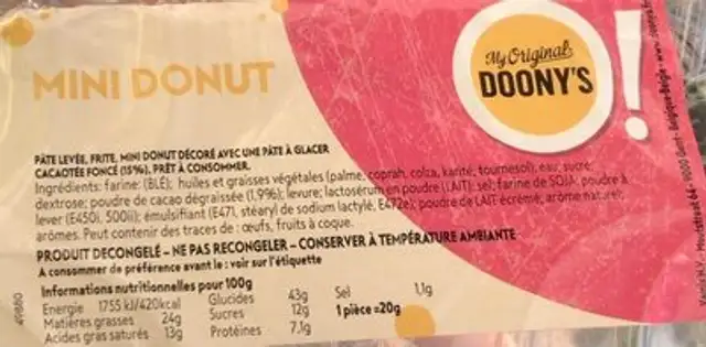 Mini doony’s chocolat X8 nutrition facts table