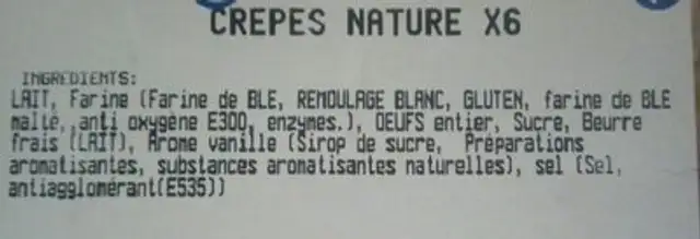 Crêpes nature ingredients label