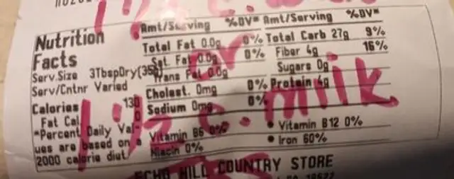 Hot Wheat Cereal nutrition facts table