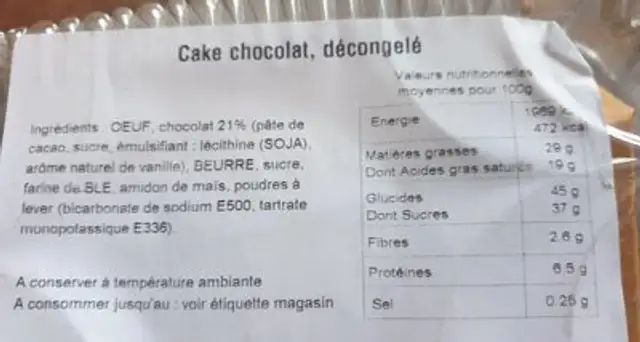 Cake chocolat nutrition facts table