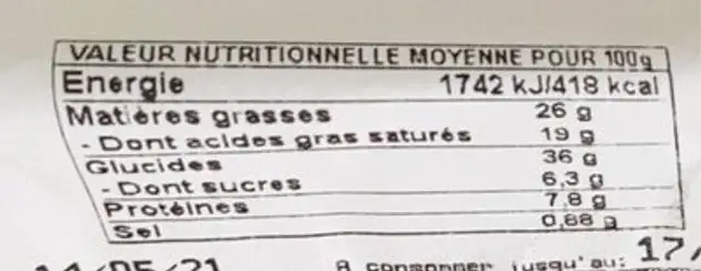 Croissant nutrition facts table