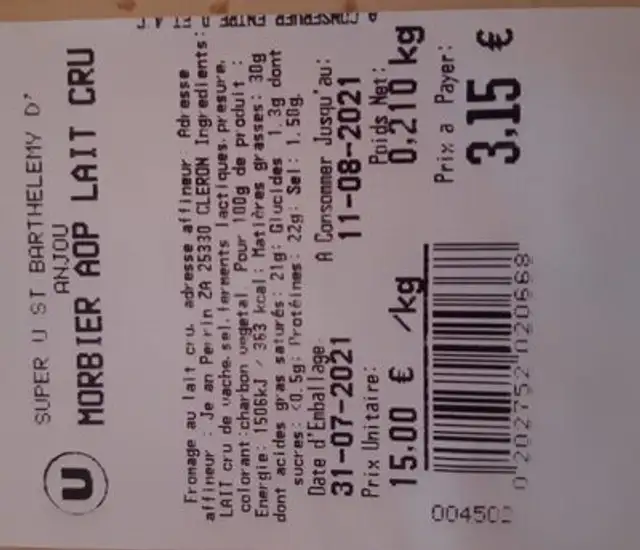 Morbier AOP lait cru nutrition facts table
