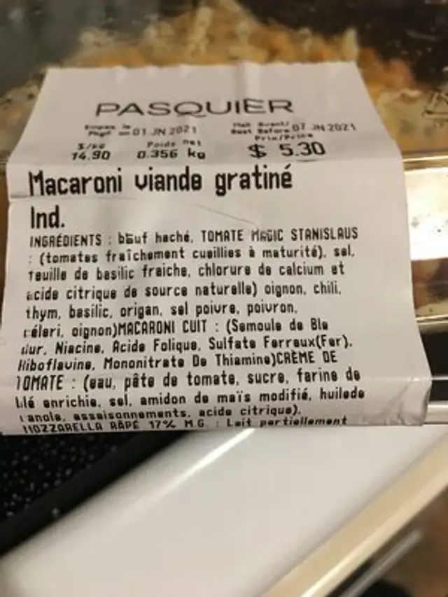 Macaroni viande gratiné ingredients label