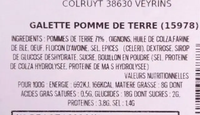 Galette de pomme de terre nutrition facts table