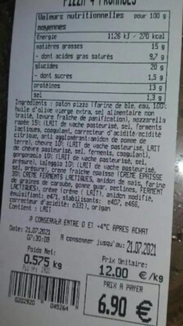Pizza 4 fromages nutrition facts table